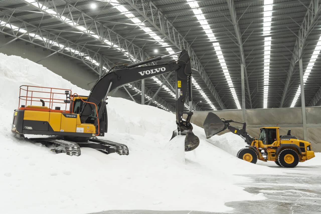 two volvo heavy machines in a warehouse